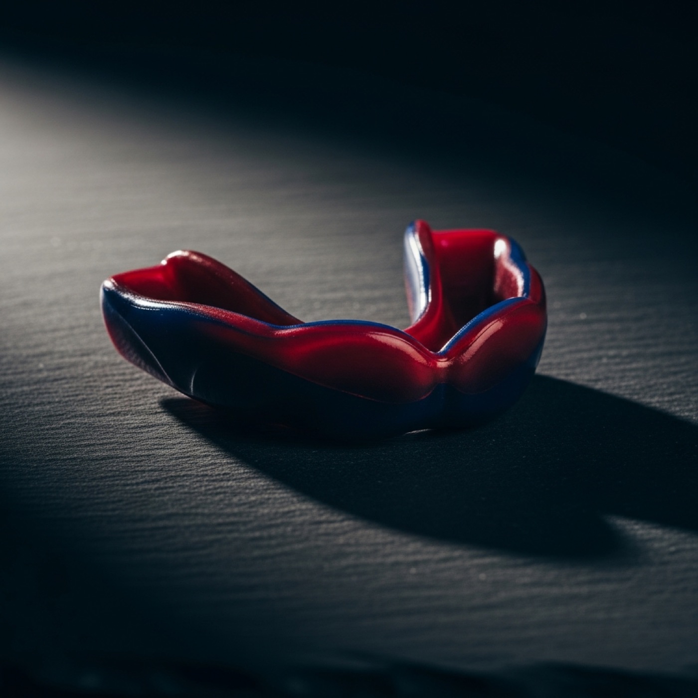 Claret and navy custom mouthguard with player initials in a dark studio