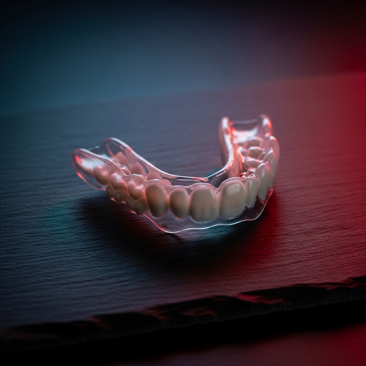 Clear and bone-white custom mouthguard in a dark studio