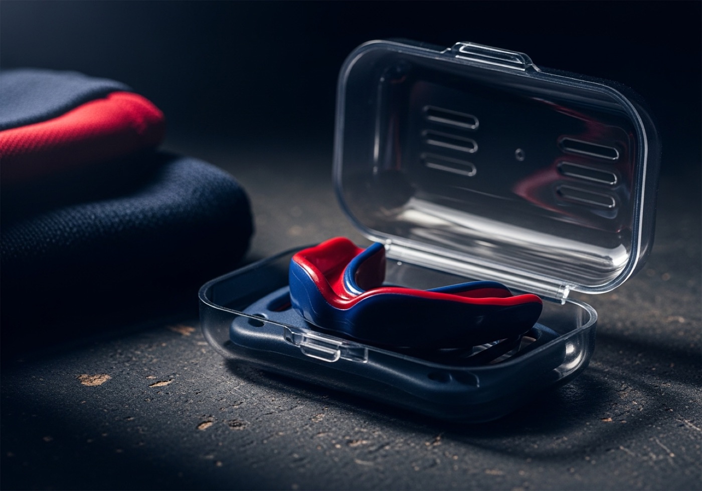 Pressure-laminated custom mouthguard in a ventilated case on a dark surface