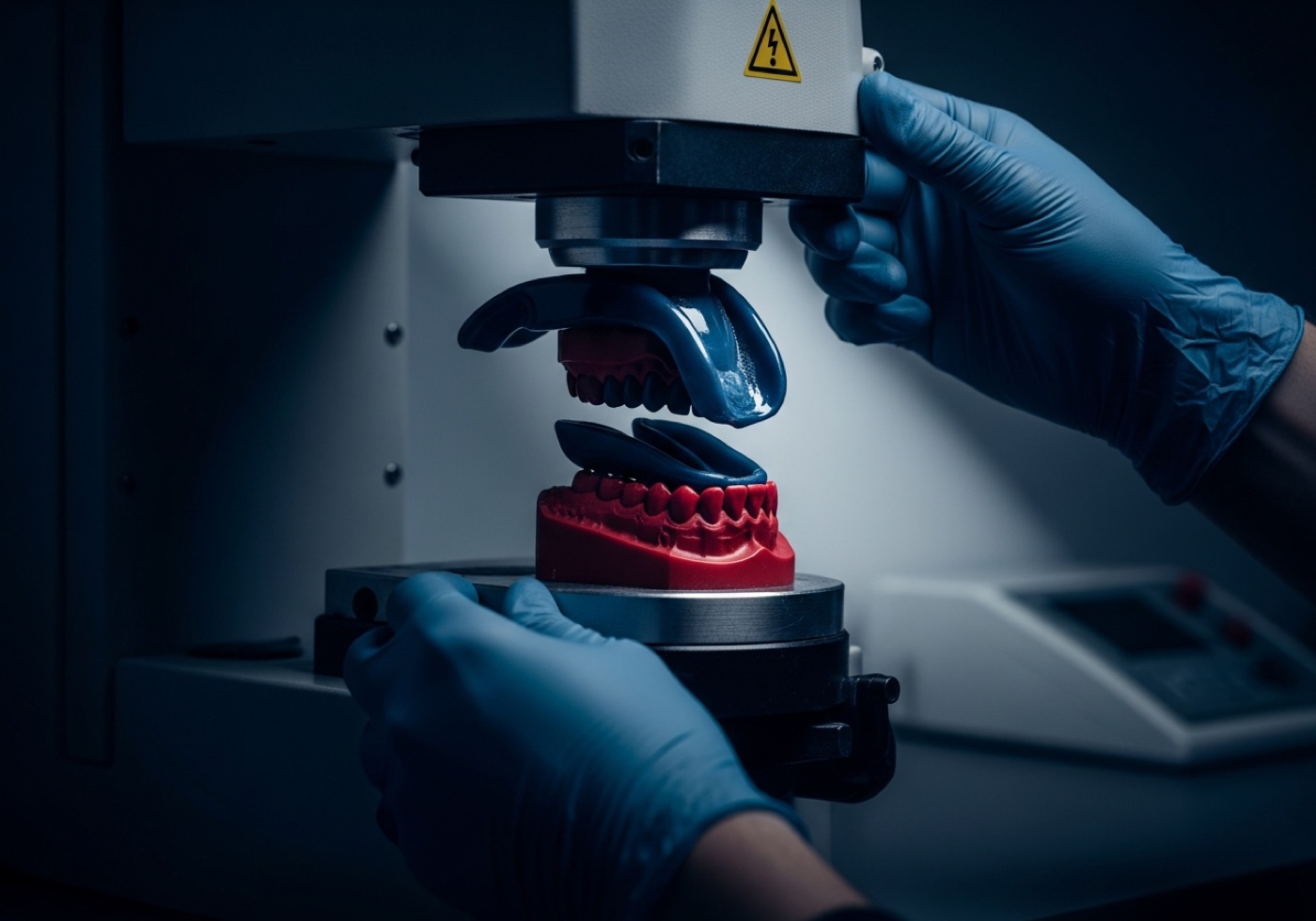 A custom sports mouthguard being formed on a pressure machine in the Galway dental lab
